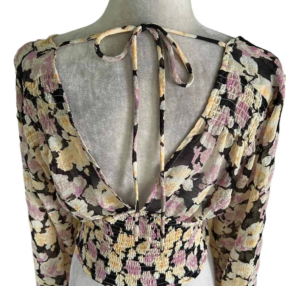 Lulus Romantic Impression Black Floral Smocked Tie Back Cropped Top - M - Picture 9 of 15